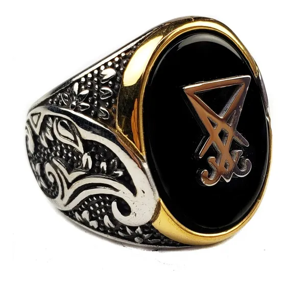 Pu Anel De Luxo Com Símbolo Satânico Do Baphomet Em Aço