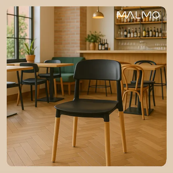 Pack 6 Sillas De Comedor Milan Paras de Madera Nordicas Asiento Negro Plastico