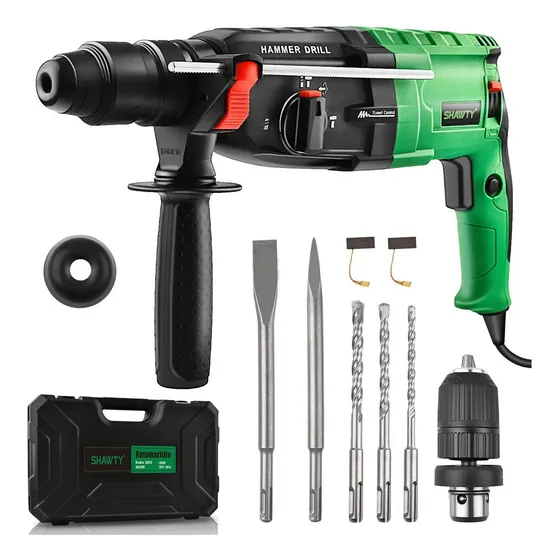 Rotomartillo Concelador Shawty, Mandril SDS-Plus, Taladro Rotomartillo 1050W 900RPM, 5 Accesorios Con Caja De Herramientas para Perforar, Martillar y Otros Proyectos de Renovación