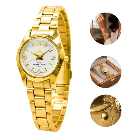Relógio Feminino Orinet Original A Prova D Agua Luxo Gw Dourado Branco