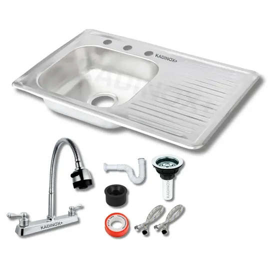 Fregadero Tarja Kadinox Plus Para Cocina De Empotrar Acero Inoxidable 80x50 Cm Con Kit De Instalacion Y Mezcladora Flexible Escurridor Derecho