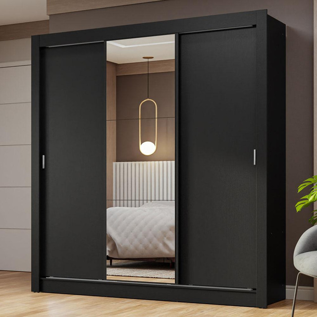 Guarda Roupa Casal com 3 Portas de Correr e Espelho Nobre Madesa Preto Guarda Roupa Casal com 3 Portas de Correr e Espelho Nobre Madesa Preto