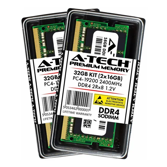 Memoria Ram 32gb A-tech Ddr4 2400mhz Kit (2 X 16gb) Pc4-19200 Non-ecc Unbuffered Sodimm 260-pin 2rx8 1.2v Dual Ra