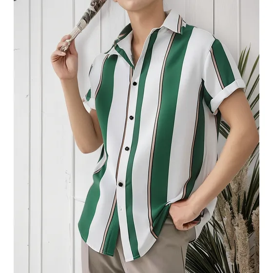 Camisa Manga Corta Hombre Casual Hawaianas Playeras De Rayas