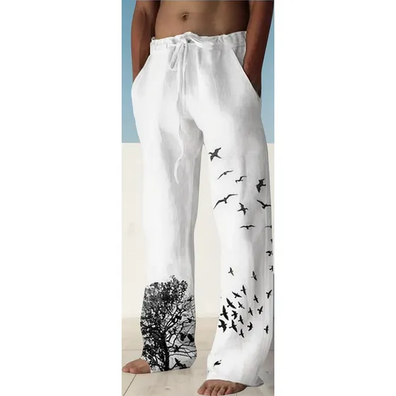 6j Pantalones De Algodón Y Lino Con Estampado De Pájaros Par