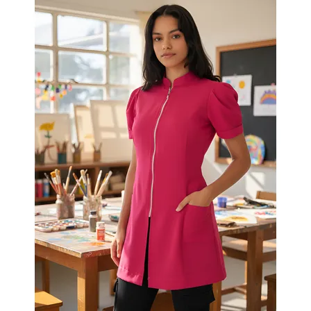 Jaleco Feminino Manga Curta Acinturado Oxford Com Zíper