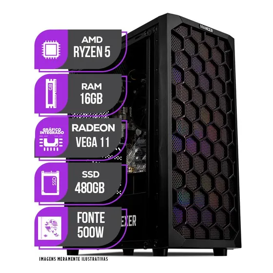 Pc Gamer Mancer, Amd Ryzen 5, Rx Vega, 16gb Ddr4, Ssd 480gb