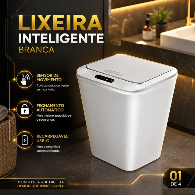 Lixeira Inteligente Automática Branca Universal Com Sensor Hearbuds Recarregável Anti Odor 16l Branco Lixeira Inteligente Automática Branca Universal Com Sensor Hearbuds Recarregável Anti Odor 16l Branco