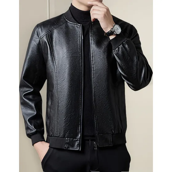 Chamarras Casual Tipo Piel Cremallera Moda Hombres Slim Fit