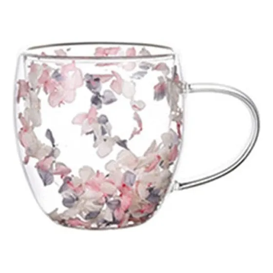 2 X Tazón Mug Doble Pared De Vidrio 200cc Con Flores Te Café