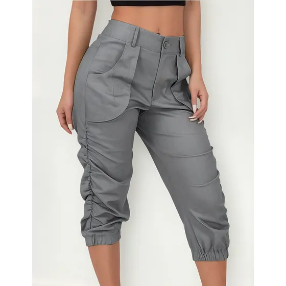 L Pantalones Cargo Tipo Capris De Color Liso De Talle Alto