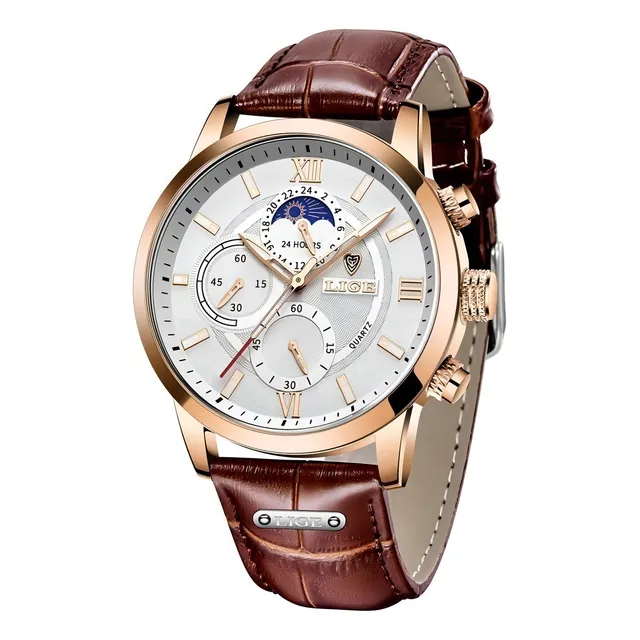 Reloj pulsera Lige LG8932 con correa de cuero color marrón - fondo blanco - bisel oro