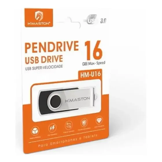 Pen Drive H'maston 16 GB USB 3.0 de Metal Preto com Prata