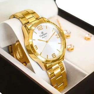 RelĂłgio Champion Feminino Dourado Kit Colar Brincos Original RelĂłgio Champion Feminino Dourado Kit Colar Brincos Original