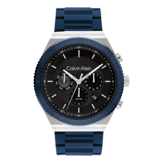 Calvin Klein Reloj Para Hombre 25200307 Fearless 44.3mm Azul Correa Azul Marino Bisel Plateado Fondo Negro