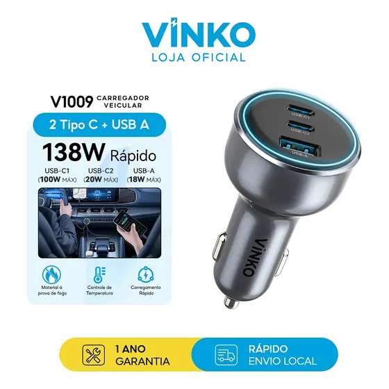 Vinko Carregador Veicular Turbo 138W 3 Portas USB-A + 2 Tipo C LED 360 Giratório Compatível com Sams