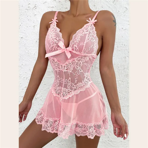Conjunto Ropa Interior Lencería Encaje Mujer Sexy Body Tanga Rosa Xl