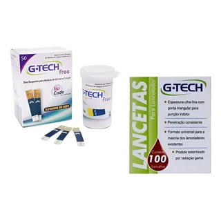 50 Tiras Fitas + 100 Lancetas De Teste Glicemia G-tech Free