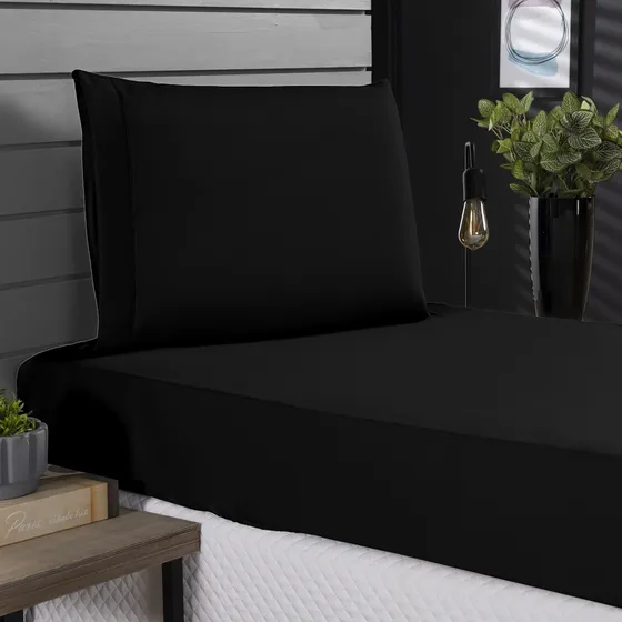 Jogo Roupa Cama Lençol Solteiro 400 Fios 2 Peças Barra Hotel Cor Preto Desenho do tecido Liso