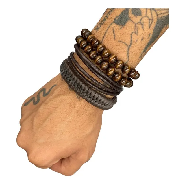 Kit Pulseiras Masculinas Couro Bolinhas Preta Ajustável C/4