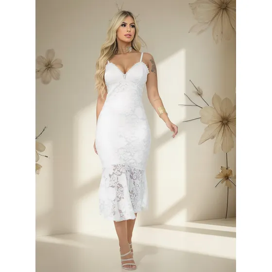 Vestido Midi De Festa Renda Bojo Noiva Alcinha Casamento