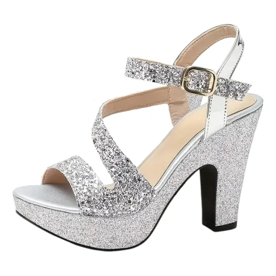 Sandalias Tacón Alto Plateado Brilloso Mujer