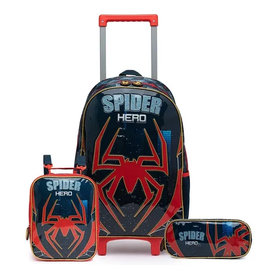 Mochila Carrinho Infantil Lancheira Térmica E Estojo Kids Cor Azul Spider