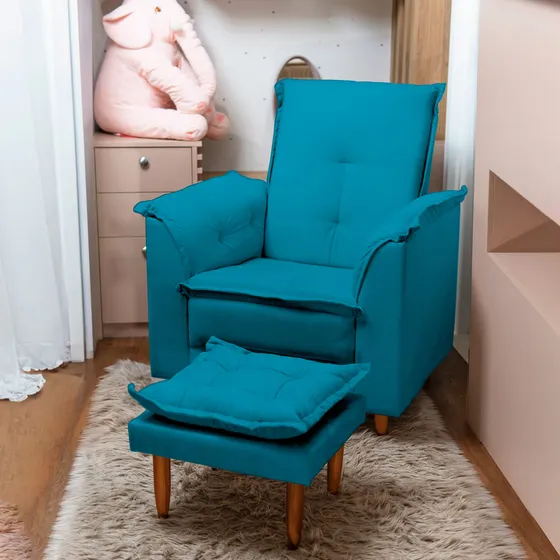 Poltrona Amamentação E Puff Ariel Azul Tiffany Bnn Decor