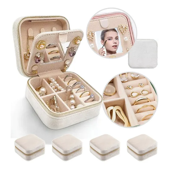 Skyice Franela Alajero Joyeros Con Espejo, Joyero Alajero, Estuche De Joyería De Viaje, Organizador De Viaje, Aja De Joyería De Terciopelo De Felpa, Blanco - Set De Cuatro Piezas