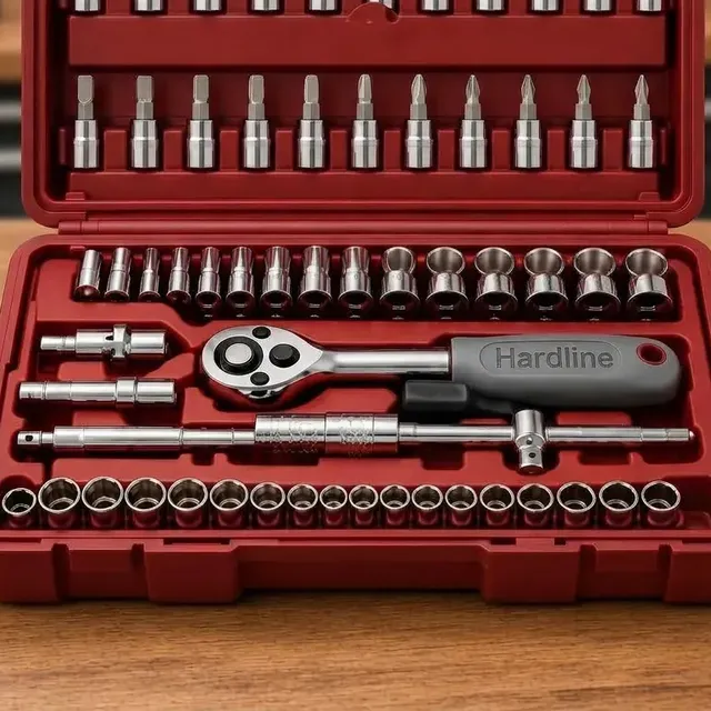 Kit Jogo de Ferramentas 46 Peças Catraca Soquetes Bits Fenda Phillips Allen Extensores com Maleta para Oficina Mecânico Casa Carro Reparos Manutenção Portátil Compacto Hardline