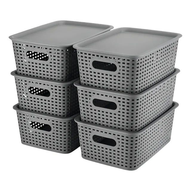 Set 6 Cajas Canastas Organizadoras Tapa Plástico Resistente Color Gris Oscuro Trenzado