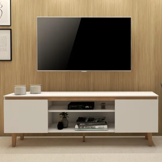 Rack Tv Estante Sala Nicho Madeira White Organizor Moderno Branco