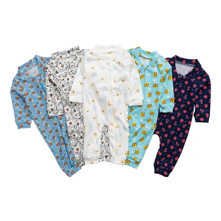 Kit 5 Macacão Canelado Estampado Bebê Zíper Menino E Menina