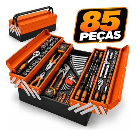 Kit Ferramentas 85 Peças Chaves Soquetes Alicates Maleta Laranja - Preto - Aço