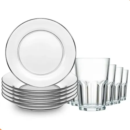 Jogo De Jantar 12 Peças Em Vidro  6 Pratos Fundos E 6 Copos Liso