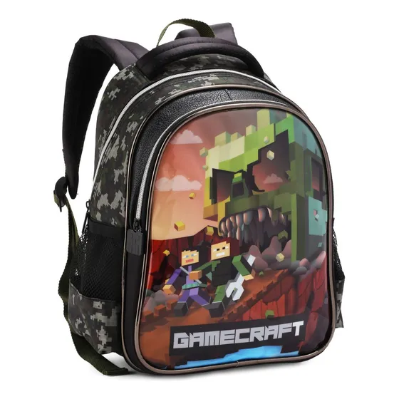 Mochila Reforçada Infantil Menino Escola Creche Passeio Cor Verde-escuro Desenho do tecido Minercraft