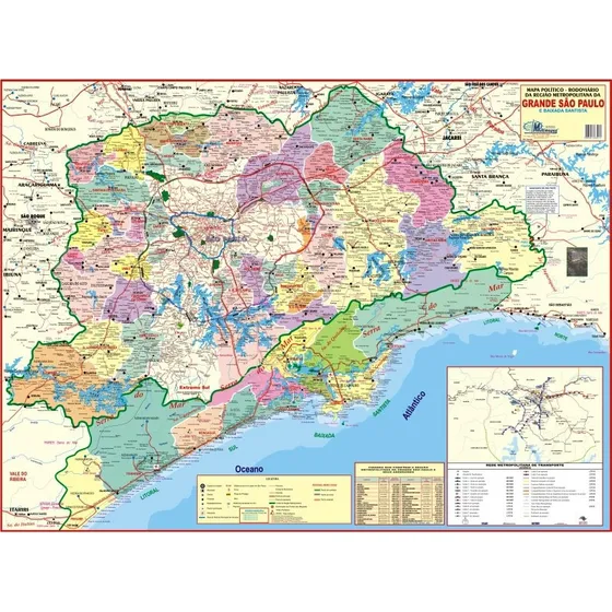 Mapa Grande São Paulo E Baixada Santista Politico Rodoviario Guia Poster 120 X 90cm Gigante