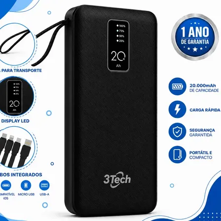 Power Bank 20000mAh Carregador Portátil 4 Cabos Integrados Visor Digital