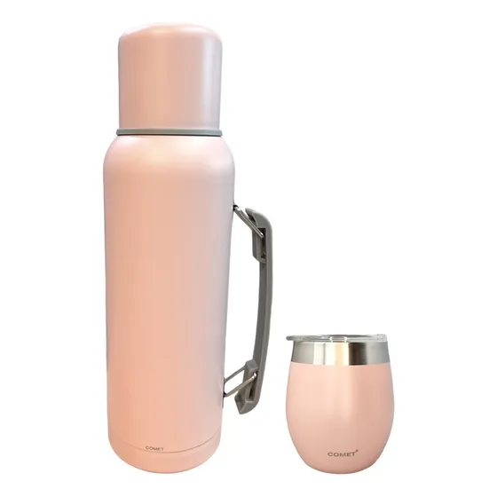 Termo Comet 1 Litro Con Asa + Mate Con Tapa Acero Inox Rosad
