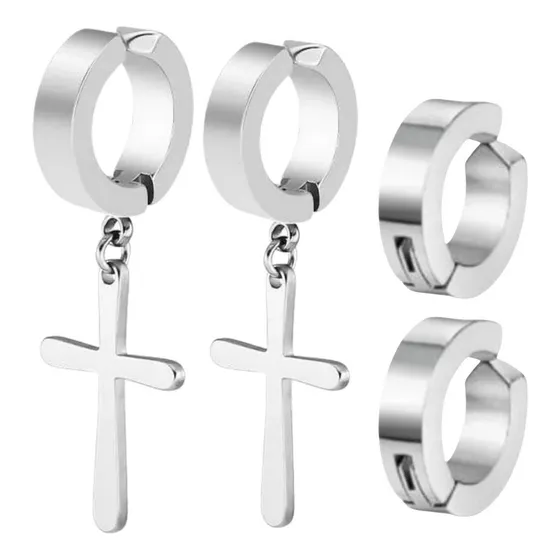 Brinco Pressão Masculino Feminino Kit 2 Pares Argola E Cruz Cor Prata