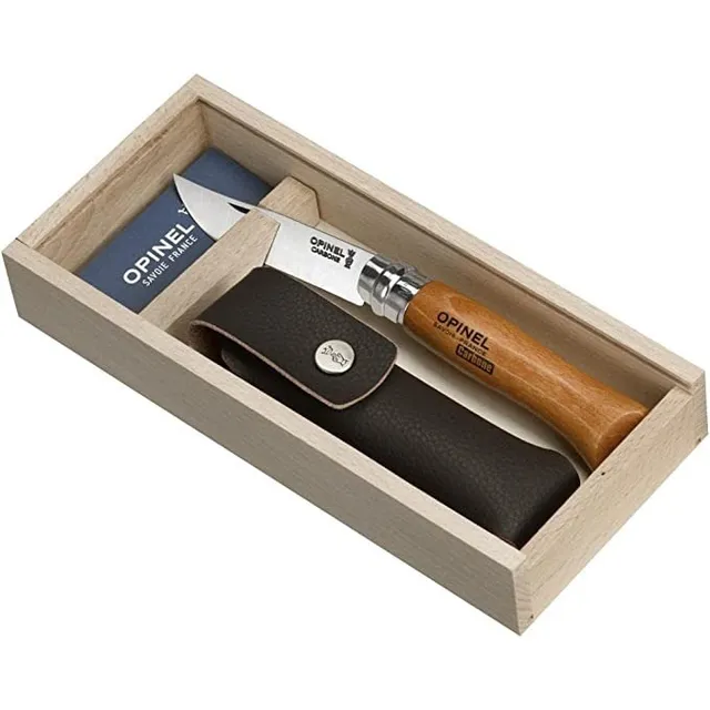 Navaja Opinel Carbono N°8 Con Funda Y Caja De Madera Color Natural