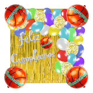 Cortina Dorada Globos Baloncesto Letrero Feliz Cumpleaños. Cortina Dorada Globos Baloncesto Letrero Feliz Cumpleaños.