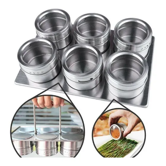 Porta Condimentos Tempero Magnetico Base Aço Inox Kit 6pçs