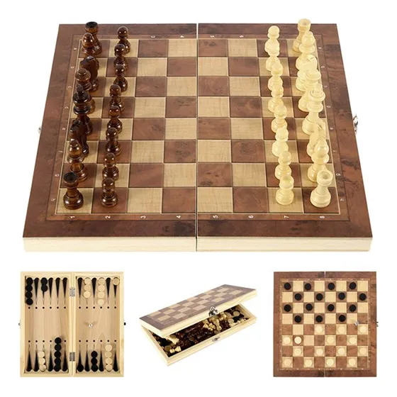 Juego De Mesa 3en1 Madera Ajedrez Damas Backgammon - El Rey