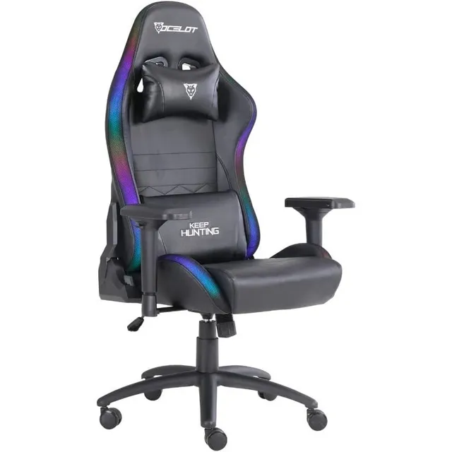Silla Gamer Ocelot Ergonómica Iluminación RGB Descansa Brazos Ajustables Reclinable 90-155 grados Soporta hasta 150 Kg Almohadillas Color Negro Modelo OSRGB