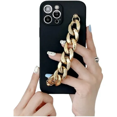 Funda Para iPhone, Color Negro Con Cadena Dorada