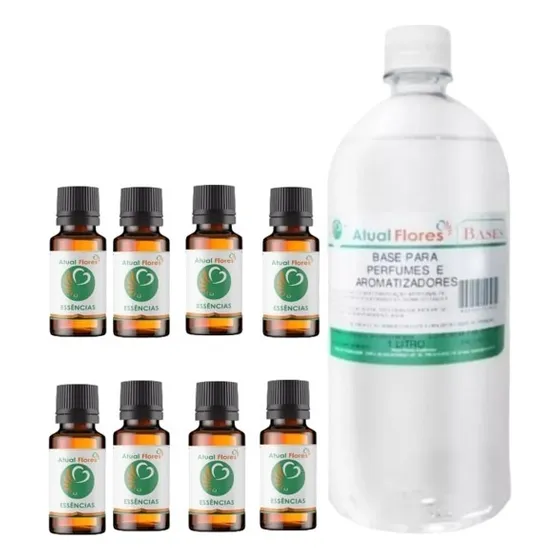 Kit 08 Essências 10 Ml P/ Perfumes + Base Pronta De 1 Litro