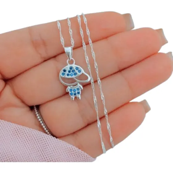 Conjunto Cadena Dije Nene Cubic Azul Plata Italiana 925