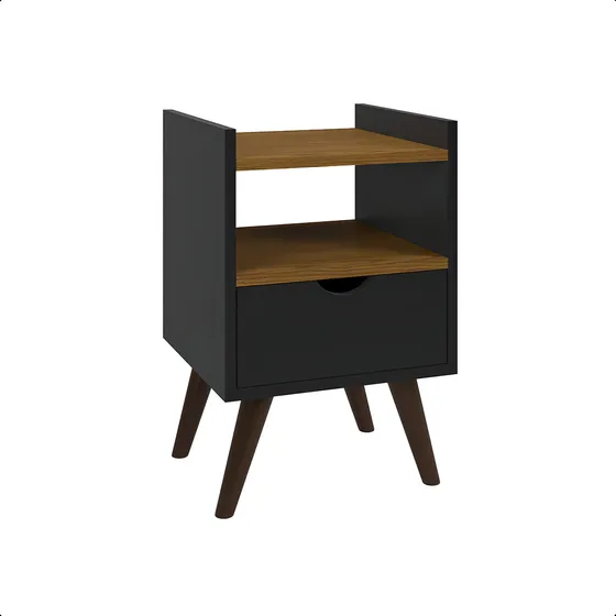 Mesa De Cabeceira Estilo Retrô Pés Em Madeira Maciça Grécia Acabamento Freijó Cor Preto/freijo