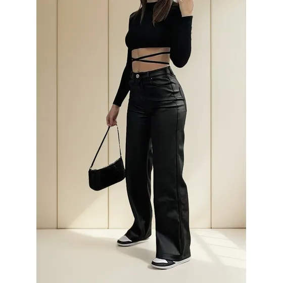 Pantalones Tipo Cuero Anchos - Oversize Cuerotex Mujer 